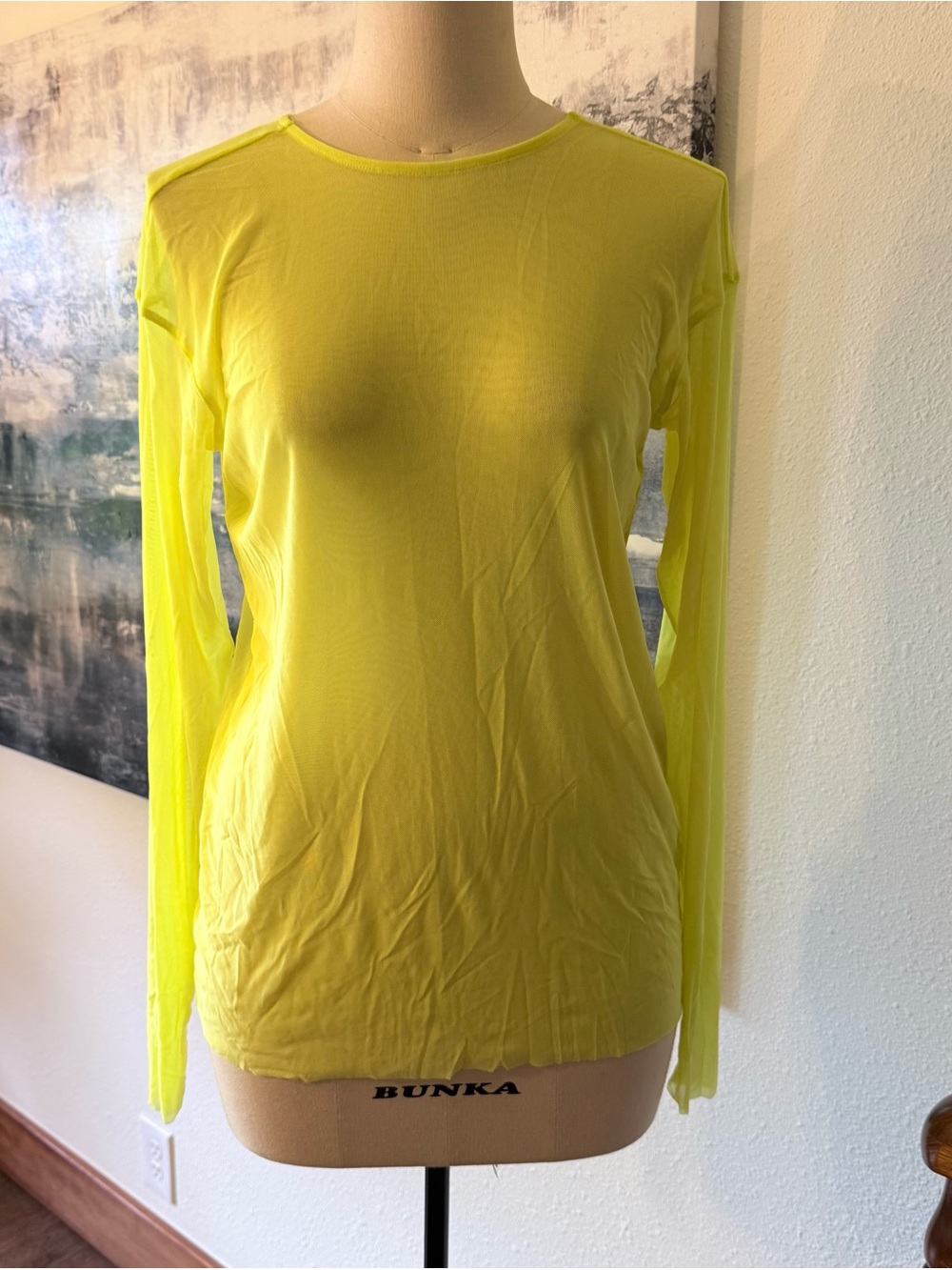 Universal Standard Thames Fog Long Sleeve Mesh Crewneck Top Neon Yellow 4XS